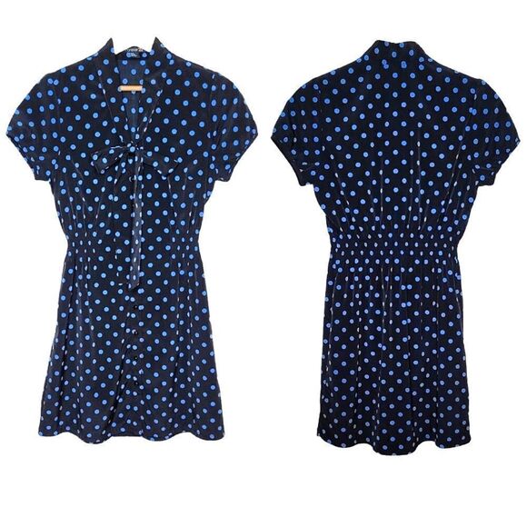 Short Sleeve Polkdot Mini Dress W/ Smocked Waist & Neck-Tie - Picture 3 of 8
